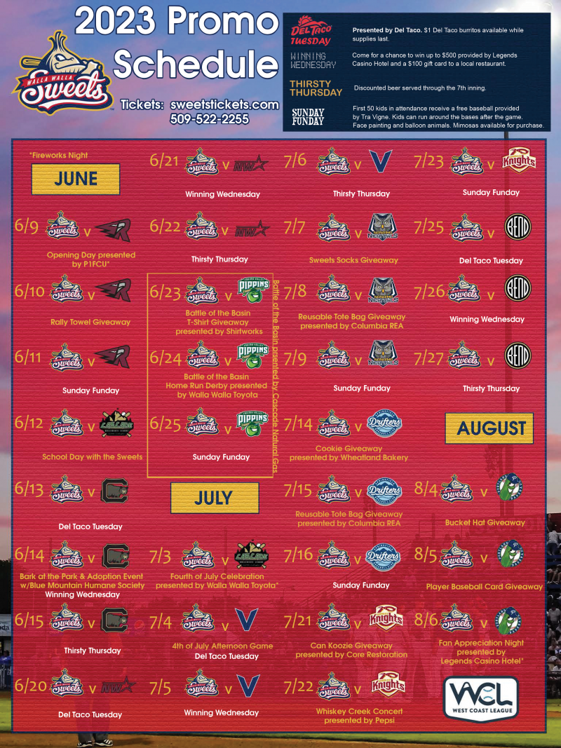 Promotional Schedule Walla Walla Sweets Baseball